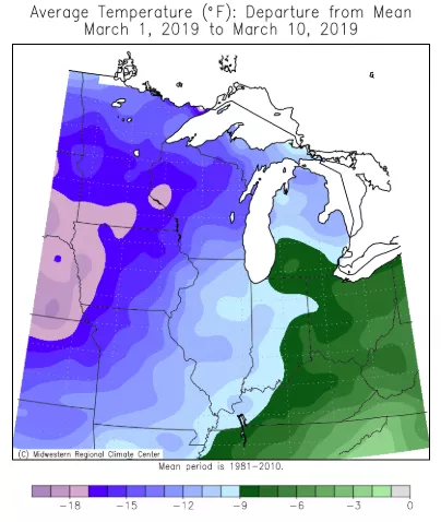 March Departures from Mean Temperatures Map