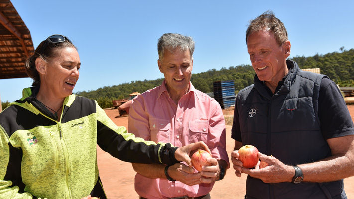 Bec Whittaker, Farm Manager at Ladycroft Orchard, near Manjimup in WA, Dave Stewart, Elders WA Horticulture Specialist, and Ian Cook, Horticulture WA Territory Business Manager with Bayer, sample some of the freshly picked Pink Lady apples on the property.