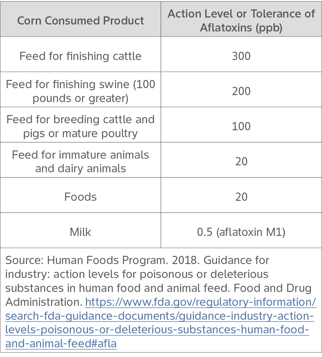 Table shows aflatoxin tolerance guidelines by corn product for feed & food consumption.]