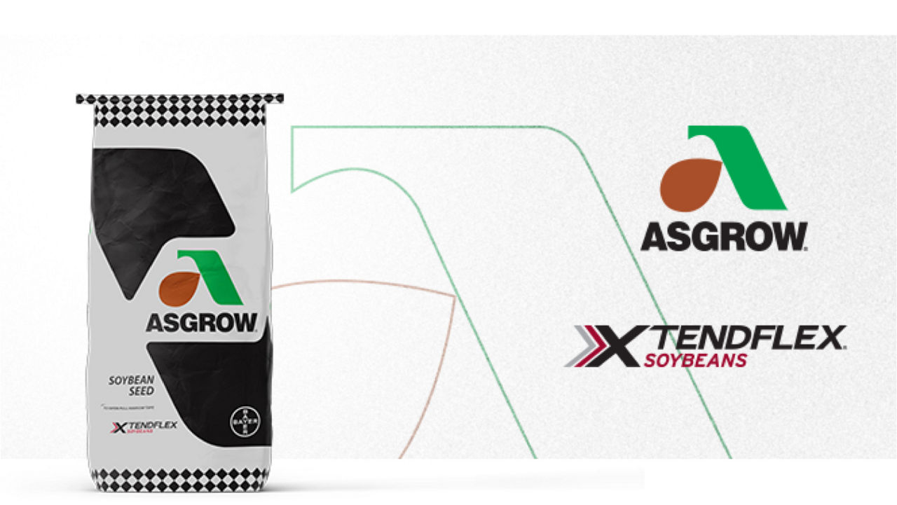 From left to right: a bag of soybean seed, Asgrow and XtendFlex logos
