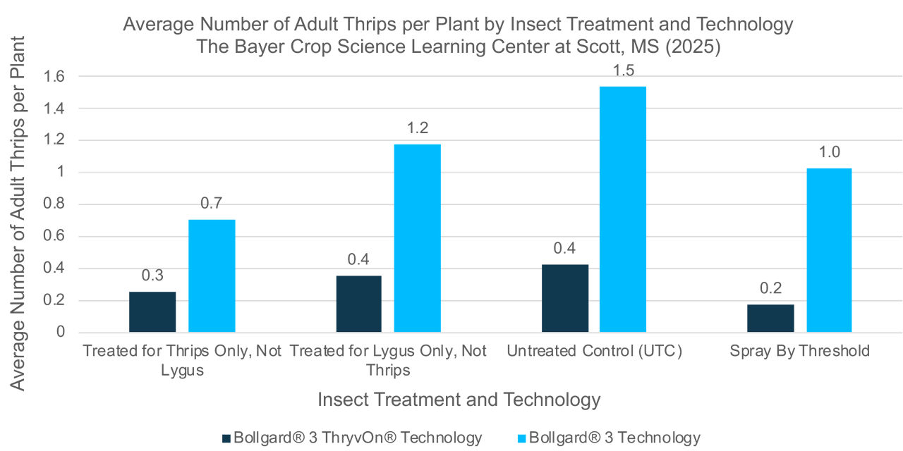 Chart shows average number of adult cotton thrips per Deltapine cotton plant by cotton treatment and Bollgard 3 cotton trait 