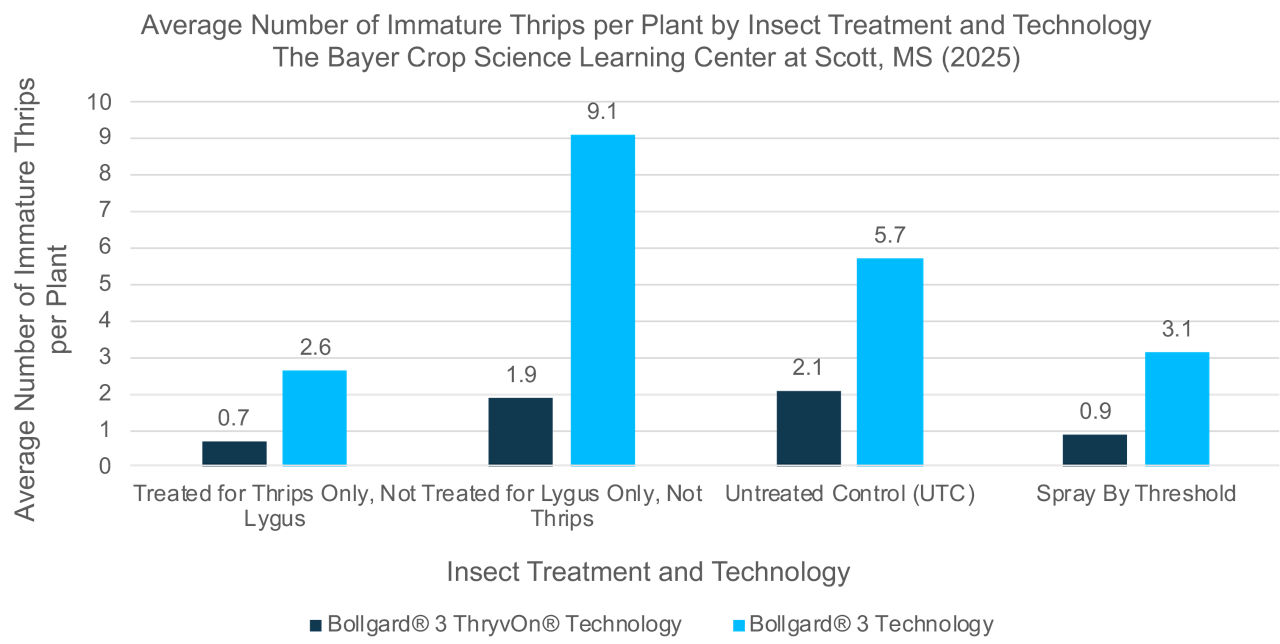 Chart shows average number of immature cotton thrips per Deltapine cotton plant by cotton treatment and Bollgard 3 cotton trait 