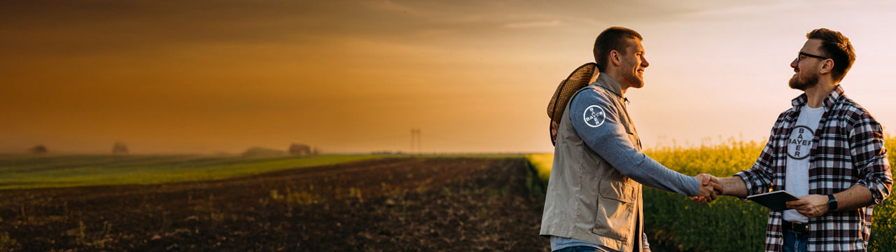 Two farmers shaking hands in a field at sunset wearing Bayer merchandise.