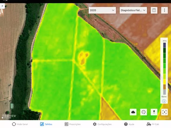 Mapa de Vegetação da funcionalidade Diagnóstico FieldView™ indica mancha com a presença da praga Migdolus na lavoura
