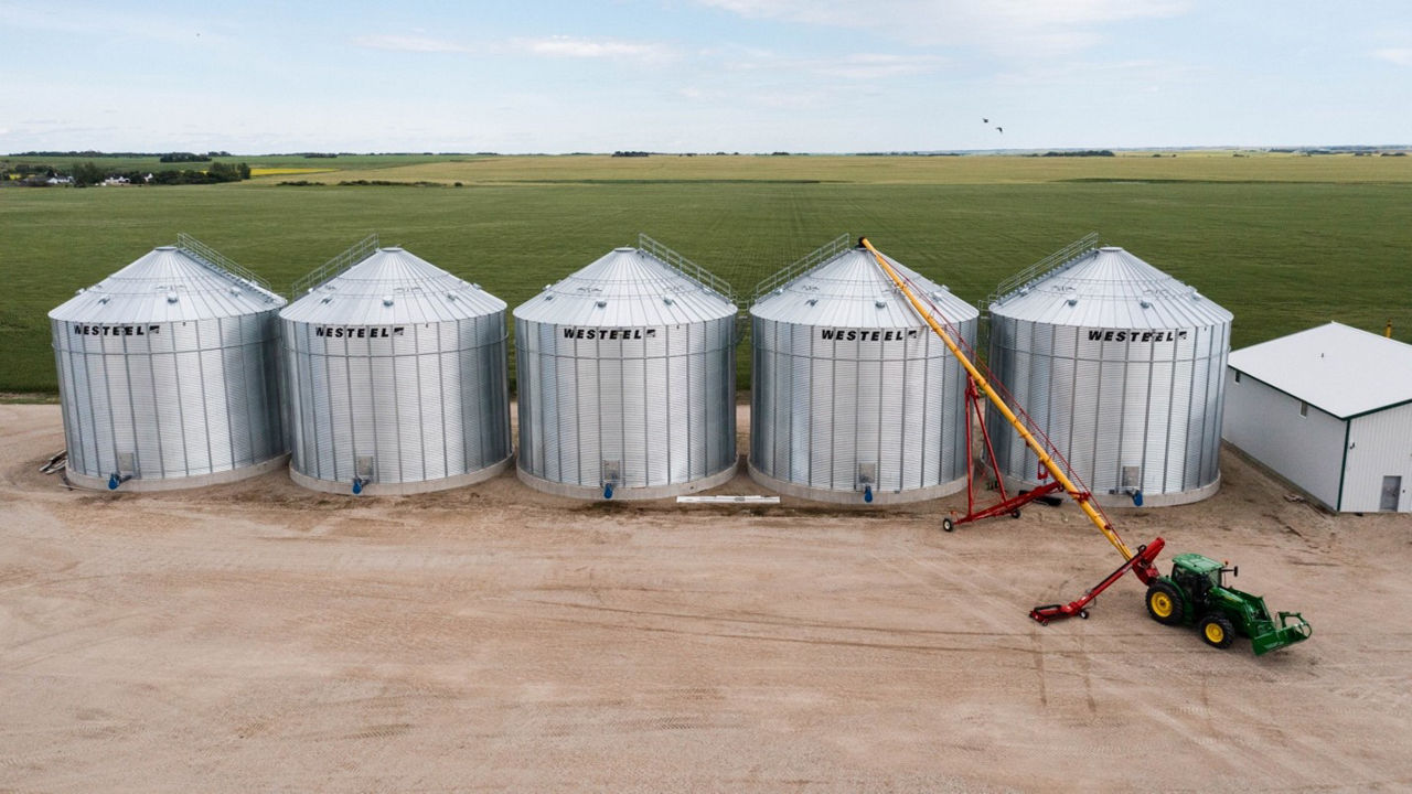 Five silver storage silos side by side on a farm. A tractor with a conveyor belt is in front of them. 