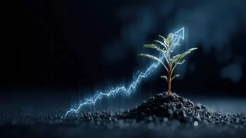 Imagem mostra um planta brotando do solo, ao lado a uma seta apontando pra cima que parece ser de um gráfico 