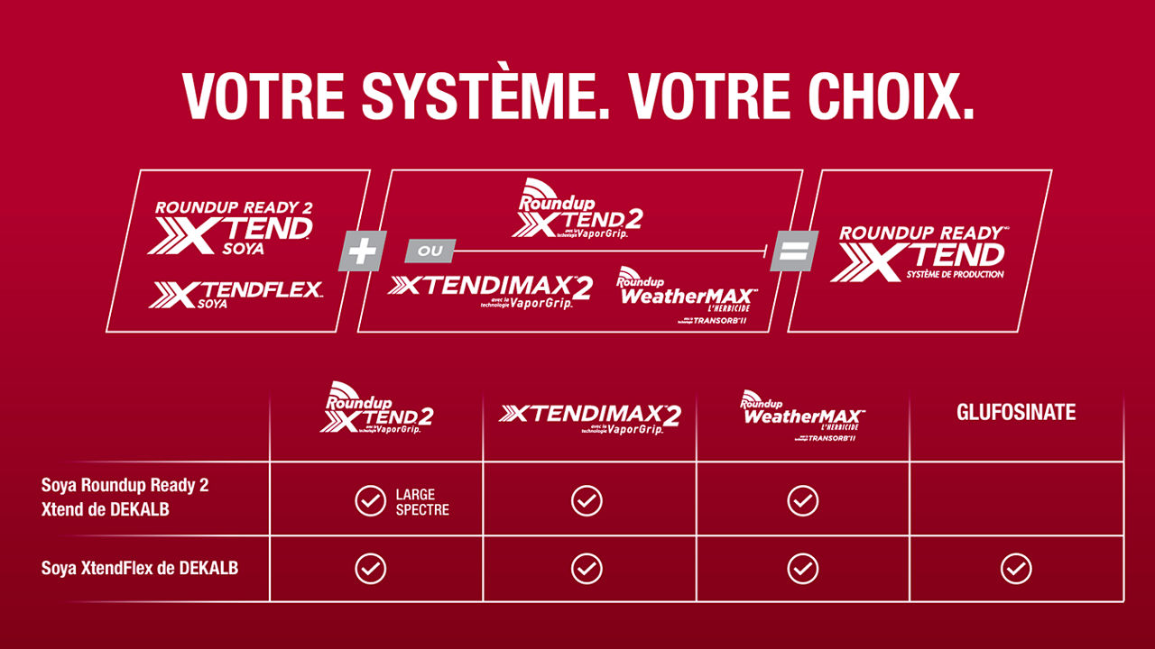 Graphique du système de production Roundup Ready Xtend indiquant la compatibilité des herbicides et l’éventail de contrôle pour le soya Roundup Ready 2 Xtend et XtendFlex de DEKALB.