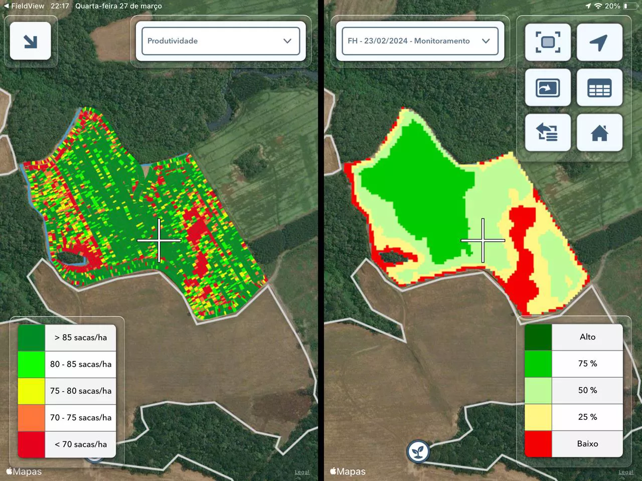 Com a ferramenta Tela Dividida, produtor comparou o Mapa de Monitoramento (Diagnóstico FieldView™) com o Mapa de Produtividade da área; desta forma, ficou claro que a área em vermelho no Mapa de Monitoramento teve baixa produtividade após a colheita