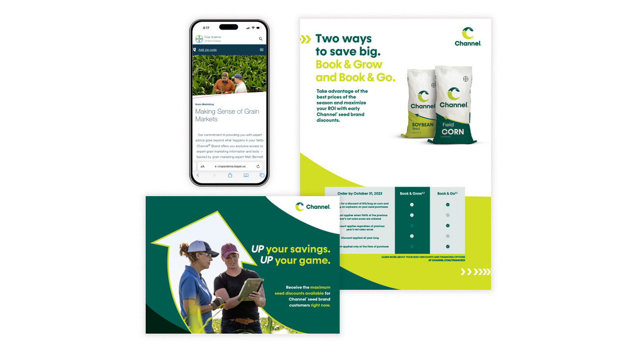 Three infographics showing Grain Marketing, Book & Grow, Book & Grow, and Up your Savings, Up your Game content.