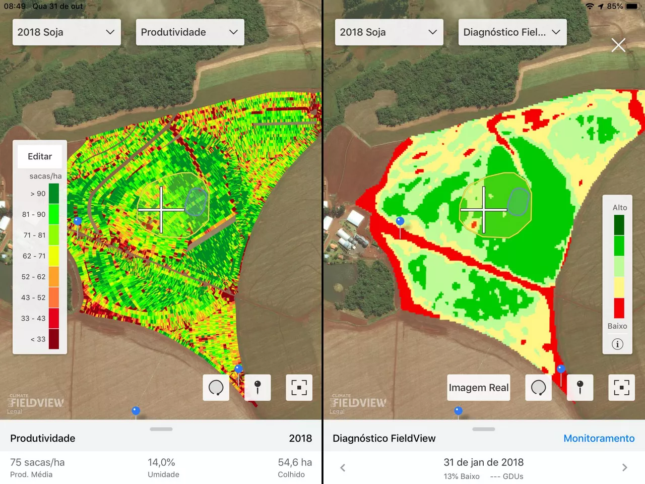 Comparação entre imagens do Diagnóstico FieldView e mapa de Produtividade do talhão.