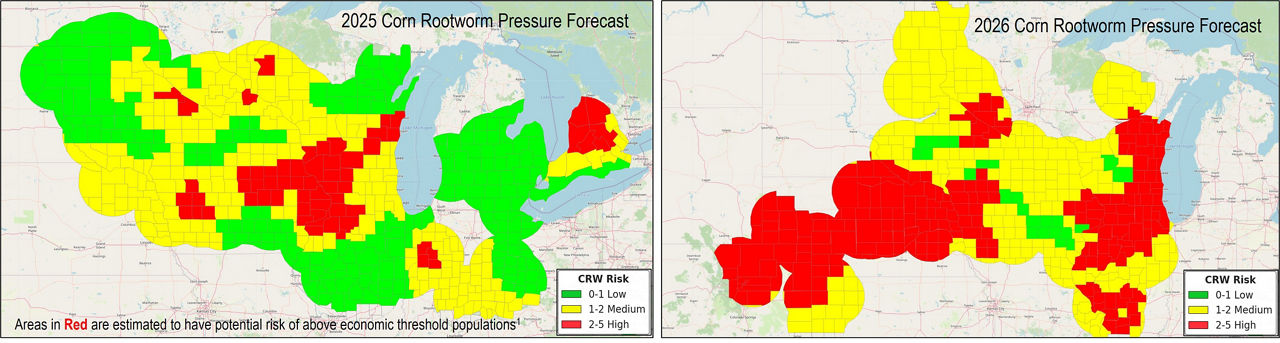 Corn rootworm pressure forecast map for 2026 and 2025 side by side showing increased pressure