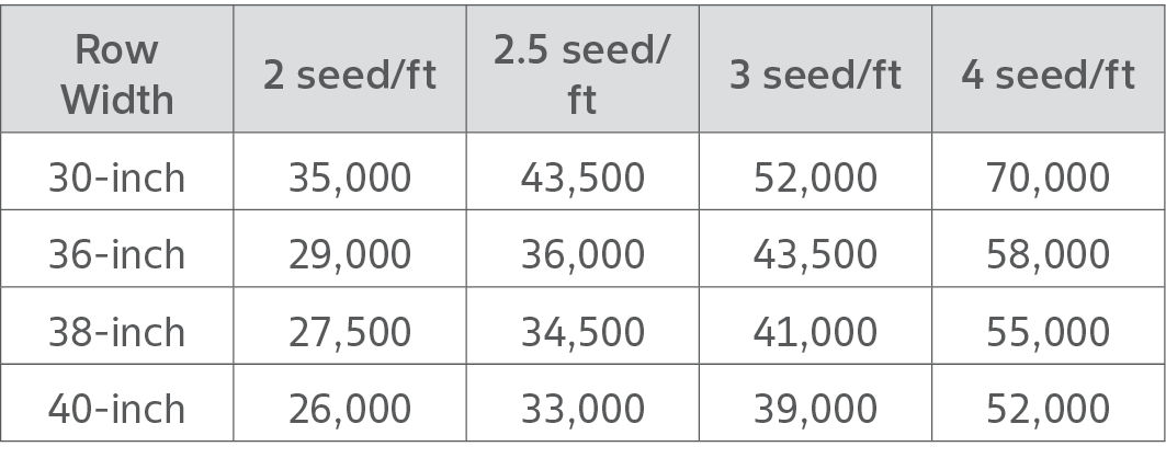 Table showing cotton planting rates per foot with specific row widths to achieve a desired number of cotton plants per row.