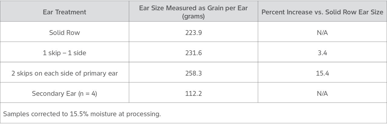 able shows performance of grain per ear and an increase in row size when a row of corn plants is not missed, when one row is missed, when two rows of corn are missed, and the value of the secondary ears and their contribution.