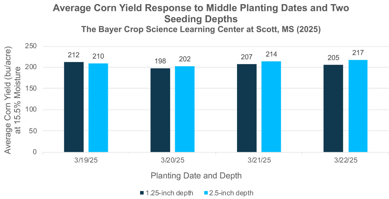 Chart showing corn yield response performance for two corn planting depths for two DEKALB corn seed products where corn planting was done days apart with middle planting dates.