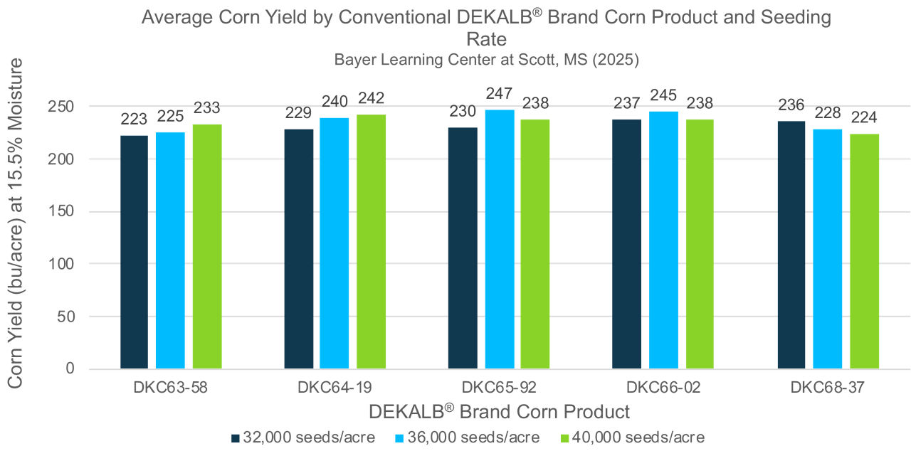 Average Corn Yield for DEKALB Corn Products with different seeding rates - South 2025