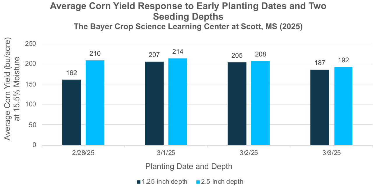 Chart showing corn yield response performance for two corn planting depths for two DEKALB corn seed products where corn planting was done days apart with early planting dates.