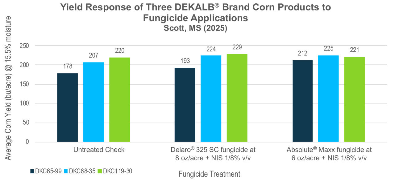 Corn yield application response graph for 3 different hybrids of DEKALB seed with no treatment, Delaro corn fungicide, or Absolute Maxx fungicide treatments.