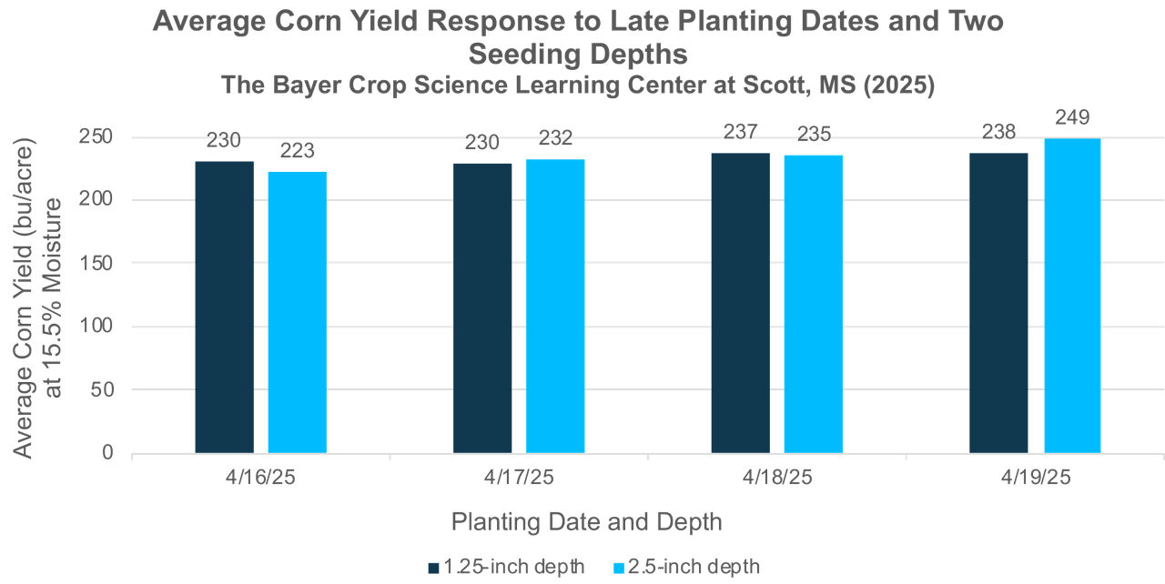 Chart showing corn yield response performance for two corn planting depths for two DEKALB corn seed products where corn planting was done days apart with late planting dates.
