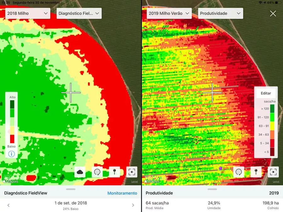Ao comparar o Mapa de Monitoramento com o Mapa de Produtividade do pivô, foi possível dimensionar o impacto da infestação de cigarrinha na produtividade da área