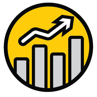 Icon of a bar chat with increasing figures accompanied by a right arrow going up.  
