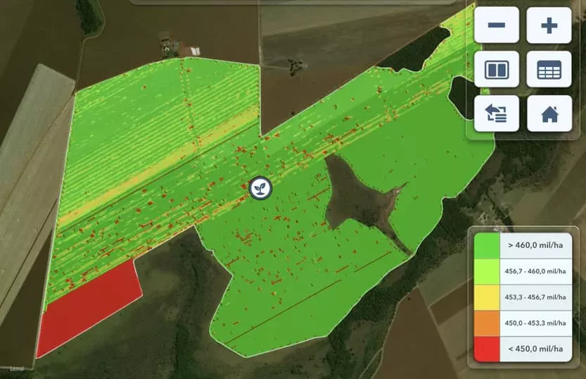 Cada ponto vermelho, apresentado no Mapa de População do FieldView™, indica um ponto do talhão onde a máquina embuchou durante o plantio