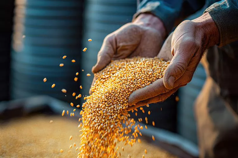 Grãos de milho caindo de mãos humanas. 
