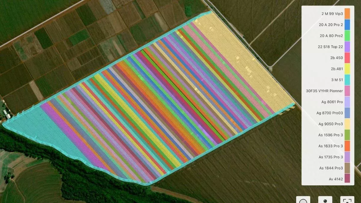 Em ensaio com 64 híbridos, cada material foi plantado em uma faixa diferente: os dados correspondentes a cada híbrido foram cadastrados no FieldViewTM