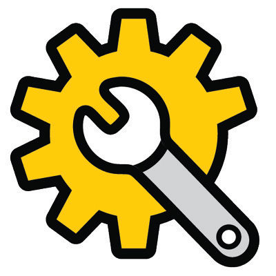 Icon of a wrench in front of a gear. 