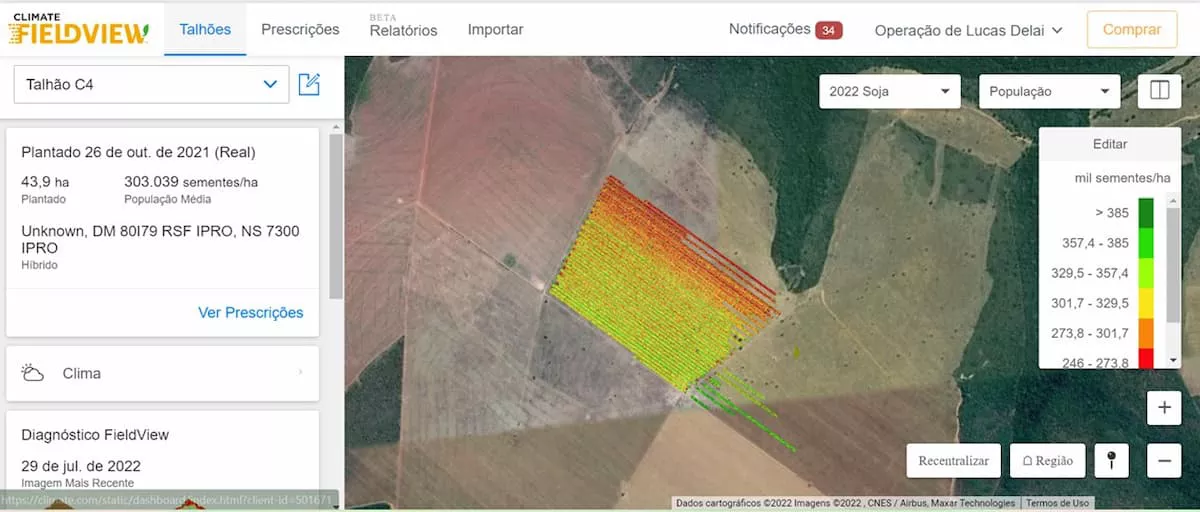 Neste mapa, é possível verificar quando uma seção da plantadeira começou a ser registrada em vermelho no mapa, indicando que havia algum problema na operação