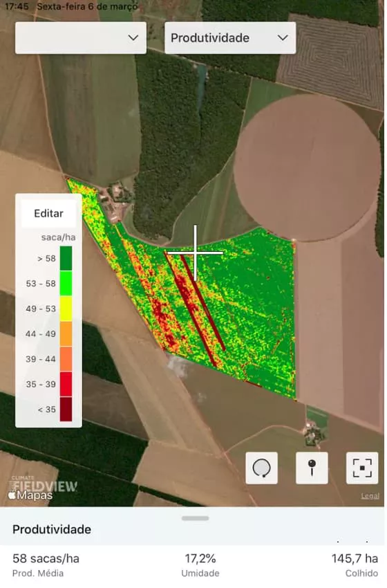 Mapa de produtividade gerado pela plataforma Climate FieldView™ mostra resultados da colheita de soja em diferentes parte do talhão
