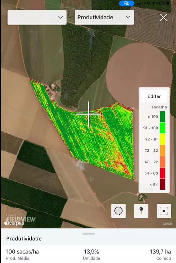 Mapa de produtividade gerado pela plataforma Climate FieldView™ mostra resultados da colheita de milho em diferentes parte do talhão