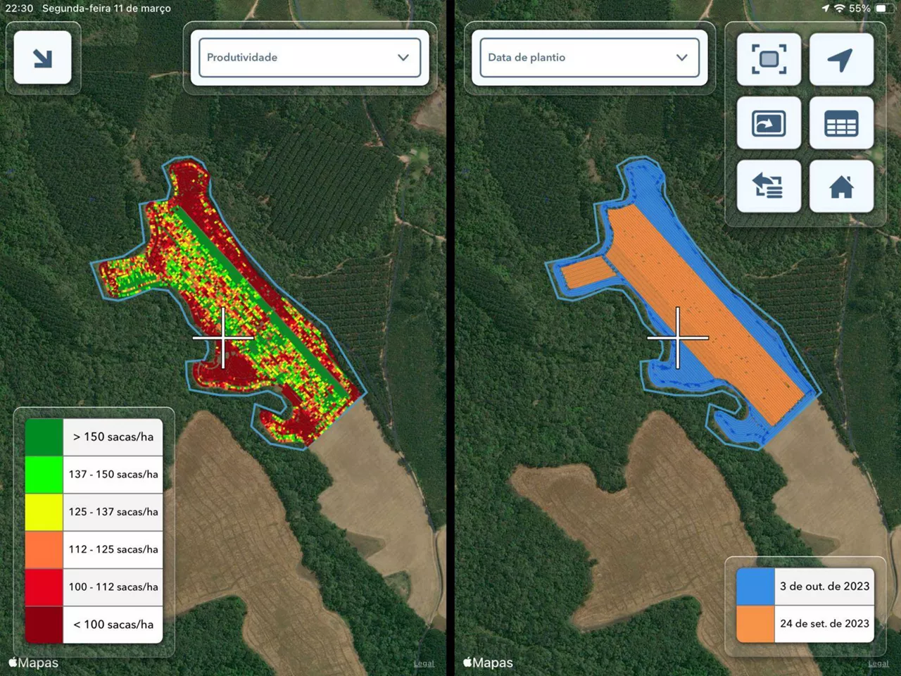 [Imagem 1] - Ao comparar o Mapa de Plantio (à dir.) com o Mapa de Produtividade (à esq.), é possível constatar que a faixa semeada em 24 de setembro obteve produtividade média maior