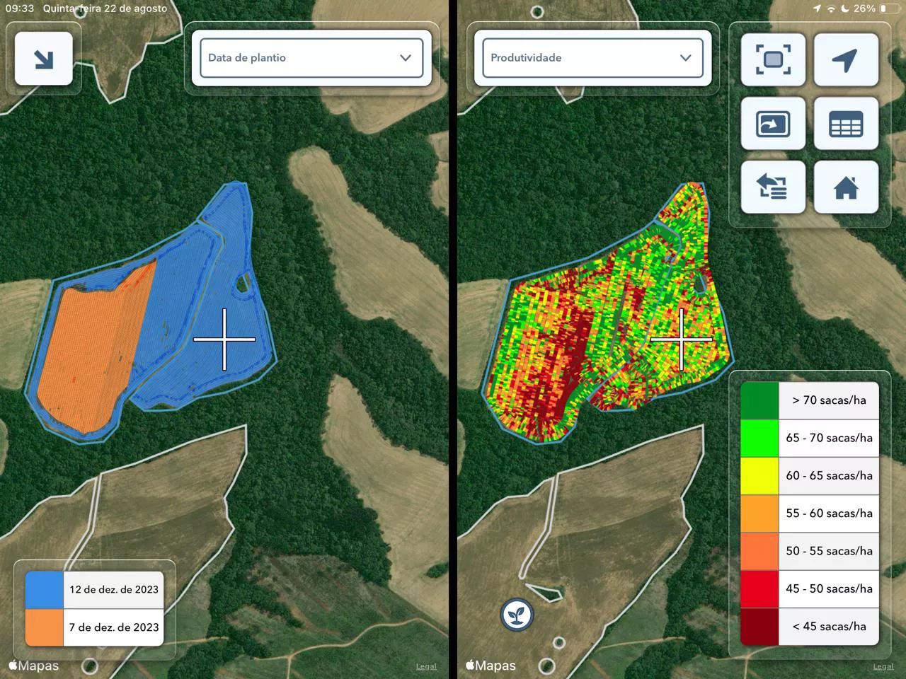 [Imagem 2] – Área plantada em 12 de dezembro (marcada em azul no mapa à esq.) obteve maior produtividade ao final da safra, conforme revela o Mapa de Produtividade (à dir.)