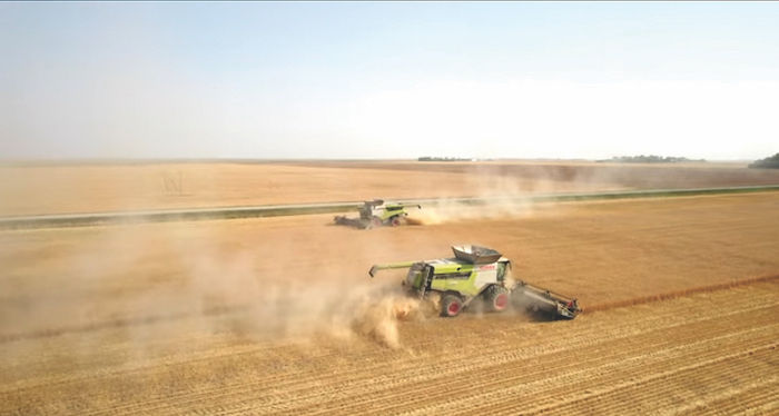 Two large tractors drive in opposite directions in a large golden field during crop harvest time.