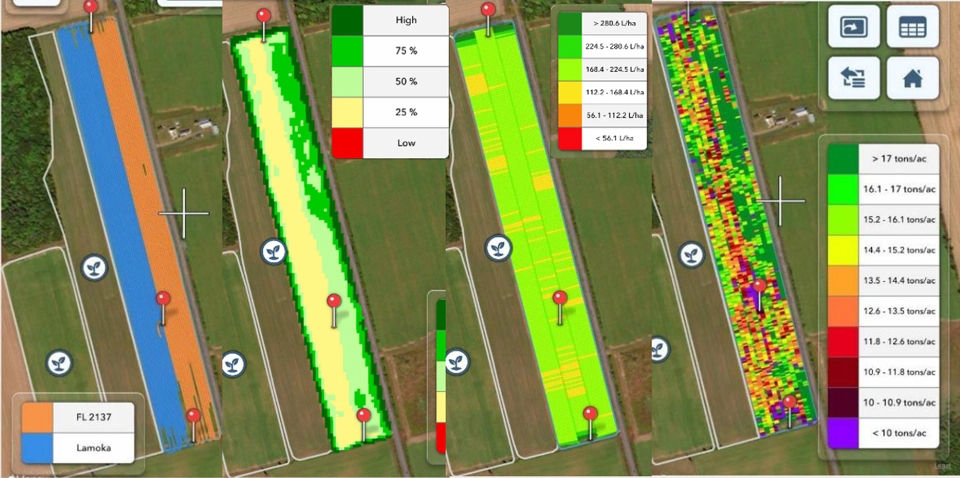 Screenshot of the progress of a potato crop field using Fieldview. This 2023 image shows planting, satellite imagery, application and harvest maps of a potato field.