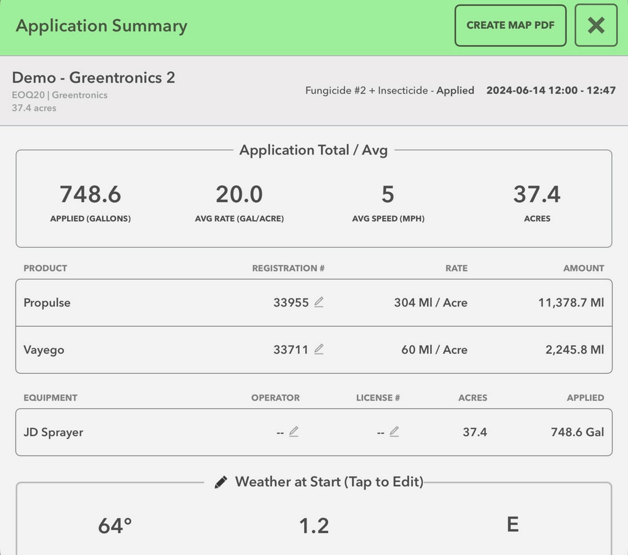 Screenshot showing application summary from a FieldView application report