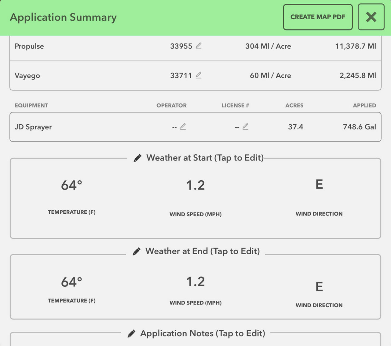 Screenshot showing application summary from a FieldView application report