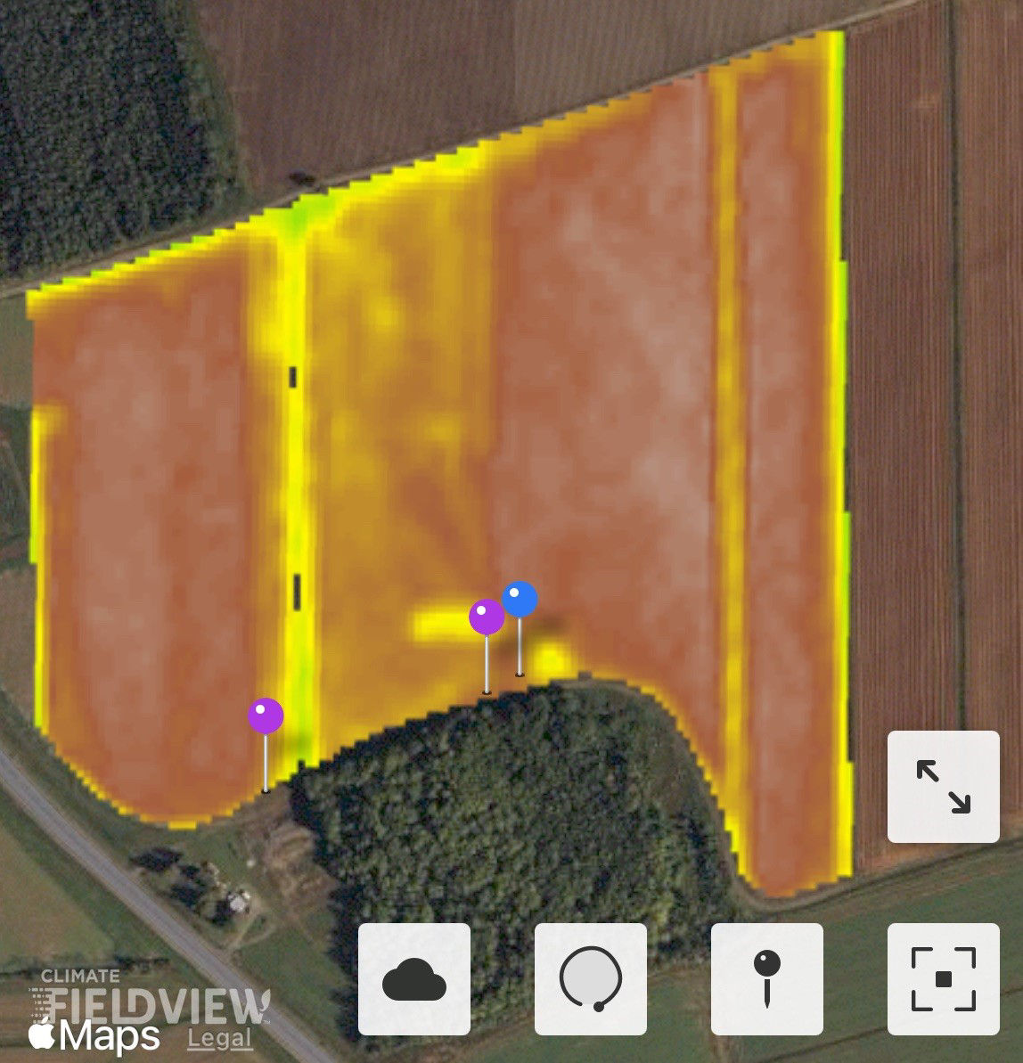 Screenshot of a map for Field Health Imagery which shows an insecticide trial in 2023 with Emesto® Complete fungicide and insecticide seed-piece treatment that was applied between pins shown on the map