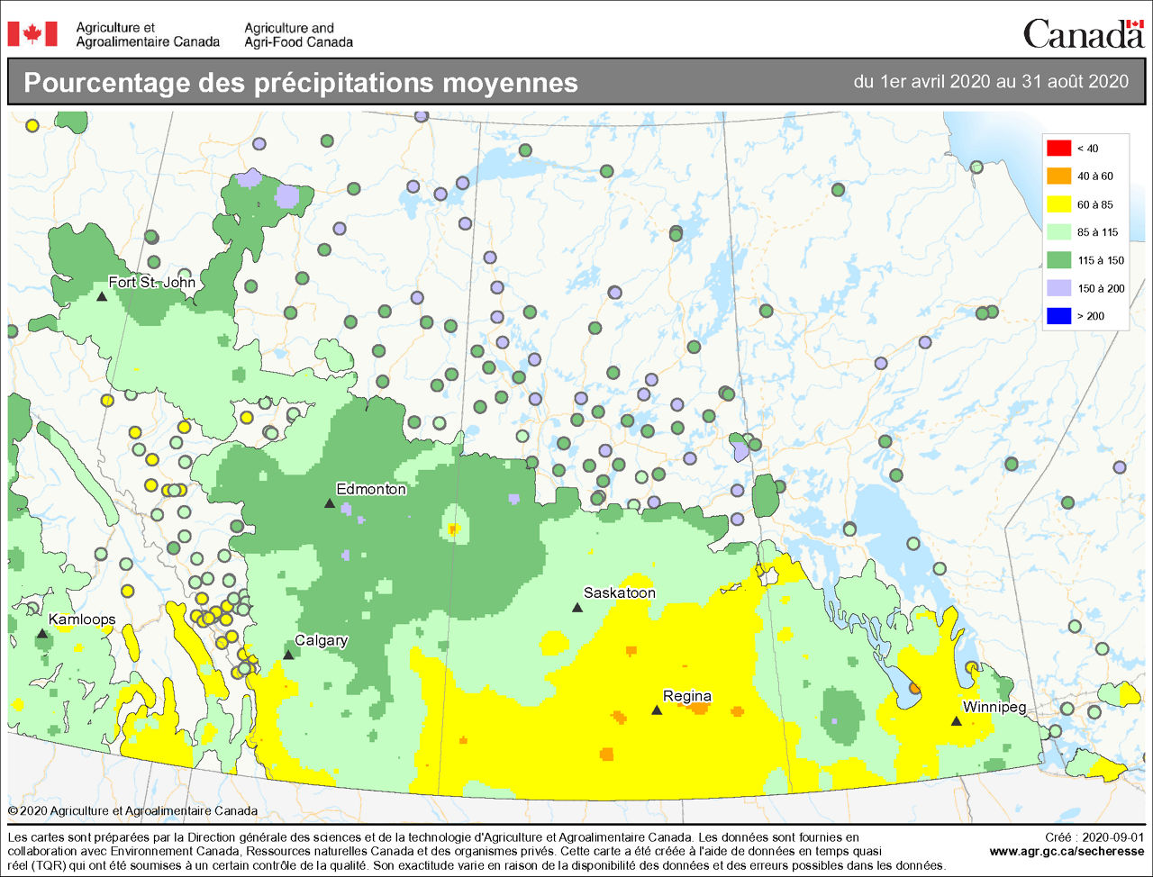 Voici deux images de la carte des précipitations de l'Ouest du Canada. La première image présente les précipitations annuelles moyennes du 1er avril au 31 août 2020 et la seconde montre les précipitations annuelles moyennes du 1er avril au 8 août 2021.  En comparant les deux images, on peut constater que les conditions ont été nettement plus sèches en 2021 qu'en 2020.