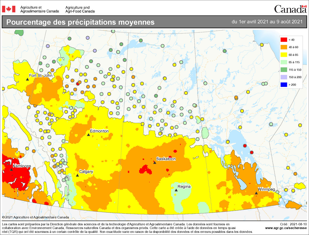 Voici deux images de la carte des précipitations de l'Ouest du Canada. La première image présente les précipitations annuelles moyennes du 1er avril au 31 août 2020 et la seconde montre les précipitations annuelles moyennes du 1er avril au 8 août 2021.  En comparant les deux images, on peut constater que les conditions ont été nettement plus sèches en 2021 qu'en 2020.