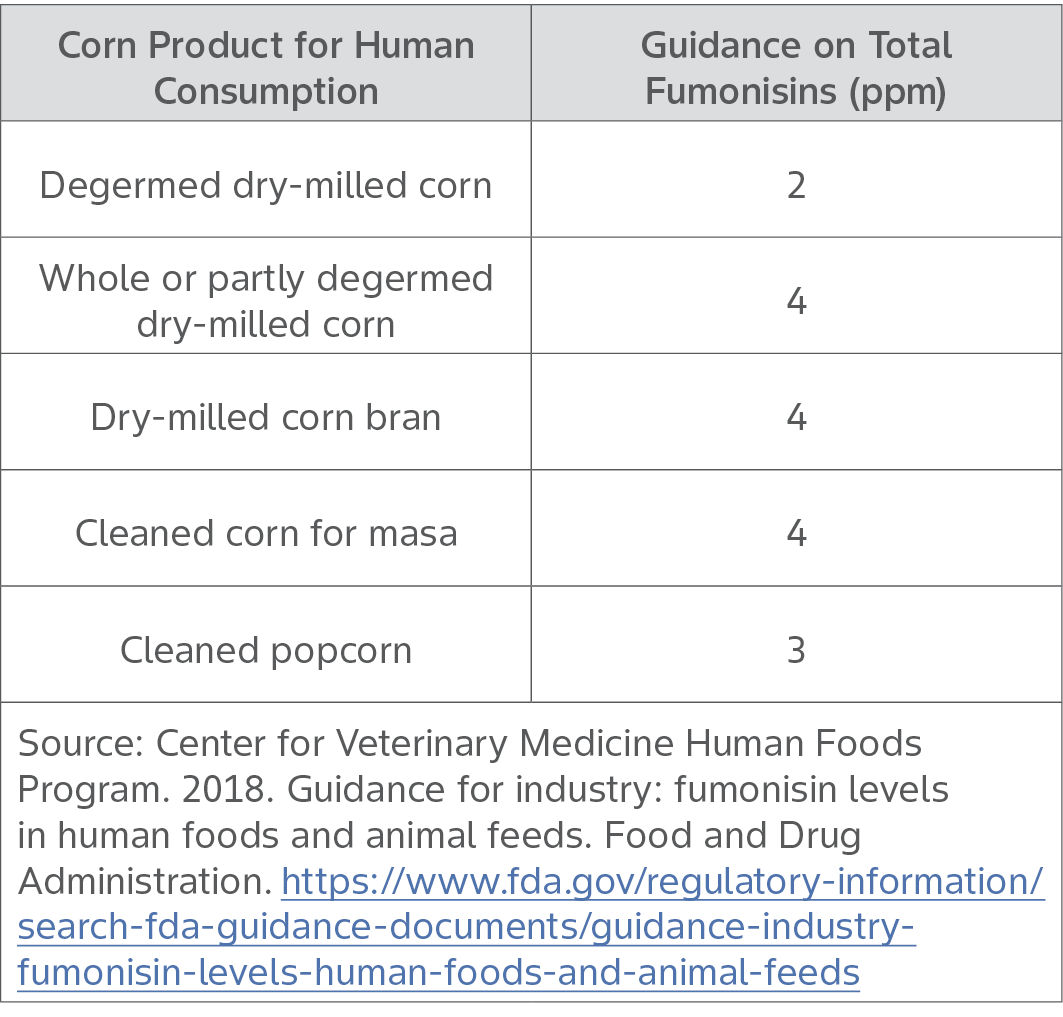 Table shows fumonisin guidelines by corn products for human consumption.
