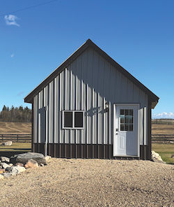 Modern developed shed structure with a pointed roof and a white door