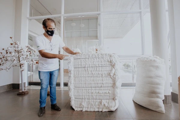 Anicézio Resende, gerente de laboratório da Minas Cotton mostra um fardo de algodão. Crédito: Lucas Jacinto - Ag.In.