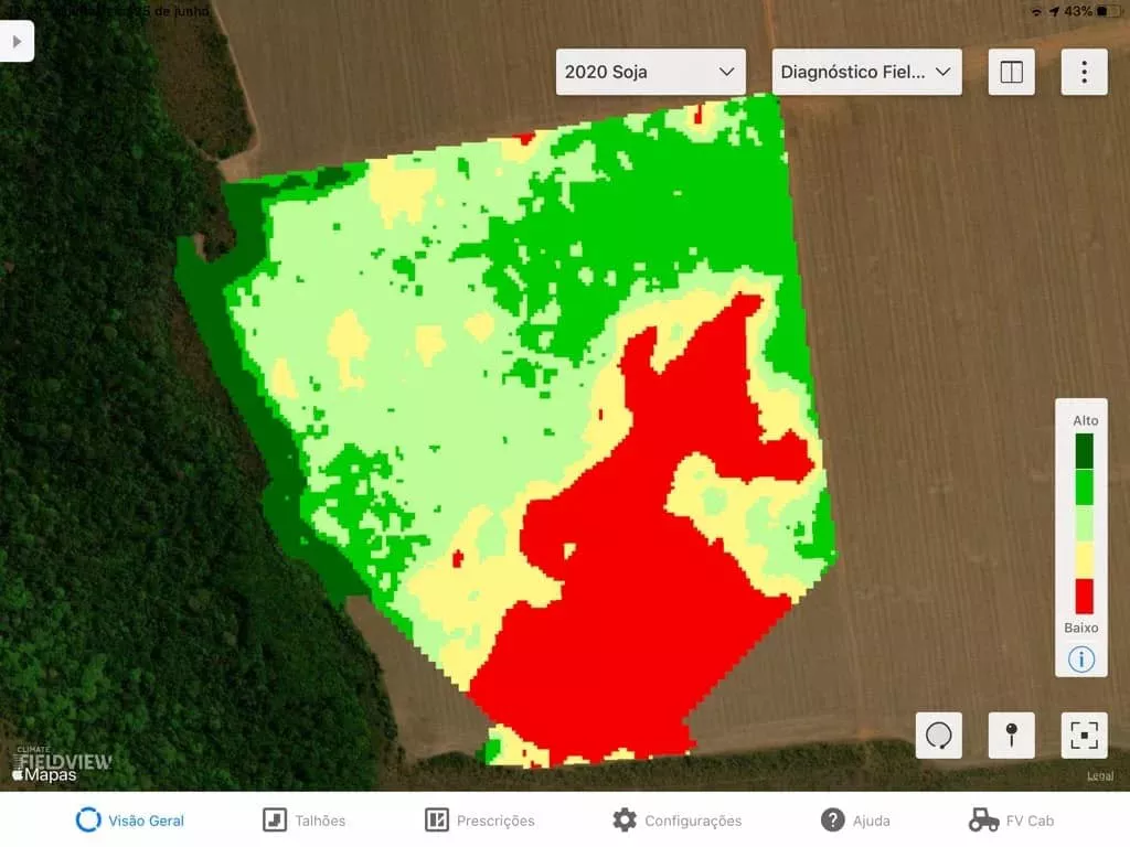 Mapas do Diagnóstico FieldView ajudam a identificar áreas que tiveram menor desenvolvimento por conta da infestação de daninhas.