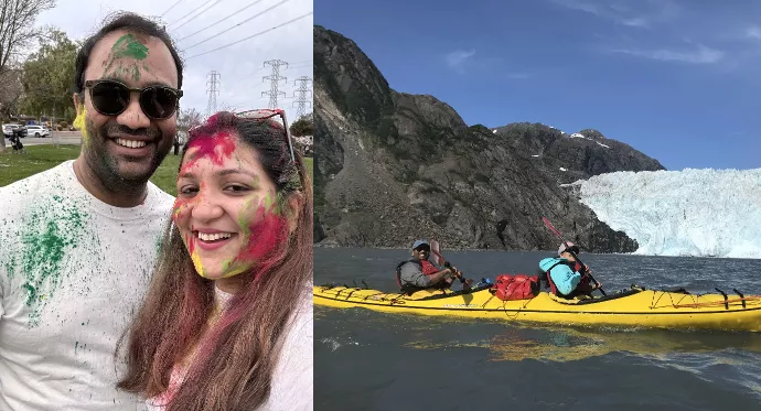 Left: Rachit and his wife celebrating Holi in 2023. Right: First family summer trip to Alaska, ocean kayaking