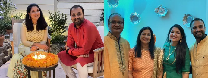 Left: Rachit and his wife celebrating Diwali in 2022. Right: Rachit and his wife and parents celebrating a cousin’s wedding