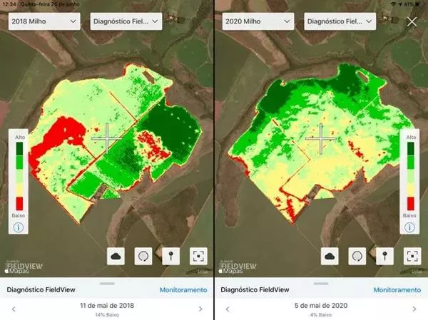 Comparação entre imagens históricas do FieldViewTM  do mesmo talhão, entre 2018 e 2020