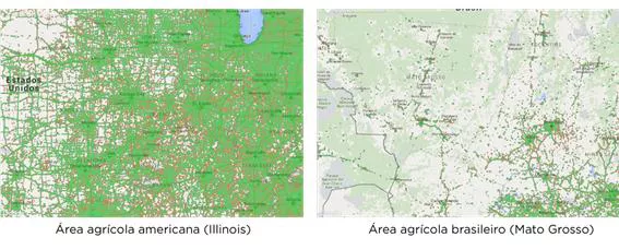 mapa de comparação de cobertura do sinal de internet em áreas agrícolas brasileira e norte-americana