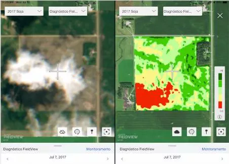 Exemplo de bloqueio de nuvem. À esquerda temos a imagem real, com a nuvem. A imagem à direita é o mapa do FieldView™ antes da atual tecnologia de detecção de nuvem. A grande mancha vermelha é onde a nuvem está projetando uma sombra ou obscurecendo a visão do satélite que está tirando a foto.