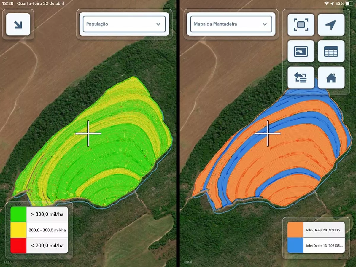 Teste lado a lado na pulverização de fungicidas: ao analisar o Mapa de Colheita e o Relatório de Produtividade, é possível comparar o desempenho de duas áreas diferentes